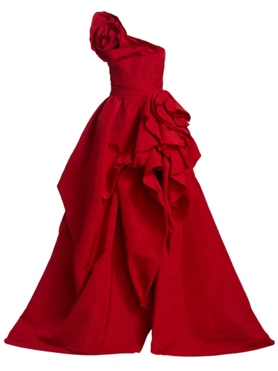 Shop Marchesa Women's One-shoulder Rosette Ballgown In Red