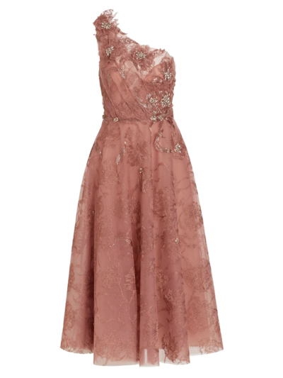 Shop Marchesa Women's One-shoulder Embroidered Tulle Cocktail Dress In Rose Gold