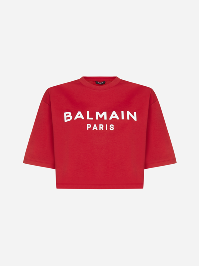 Shop Balmain Logo Cotton Cropped T-shirt