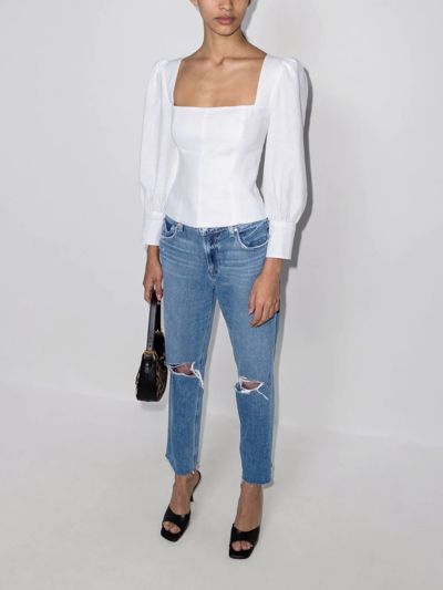Shop Paige Noella Distressed Low-rise Straight-leg Jeans In Blau