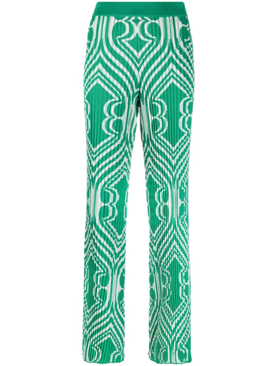 Etro Woman Palazzo Pants In Jacquard Plisse With Green Geometric Pattern In Green