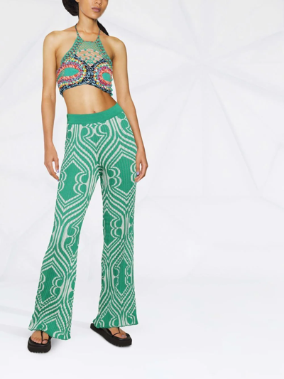 Etro Woman Palazzo Pants In Jacquard Plisse With Green Geometric Pattern In Green