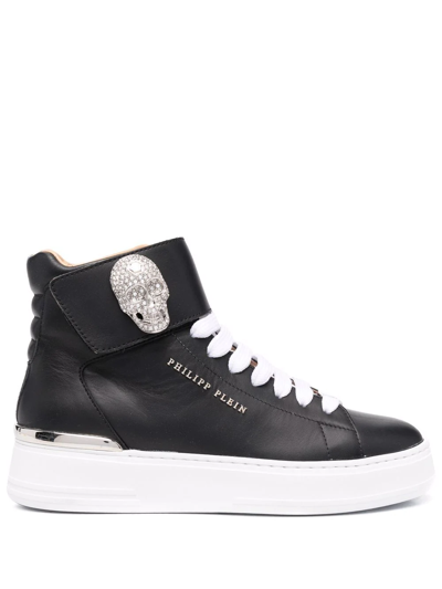 Shop Philipp Plein Crystal-skull Leather Sneakers In Black