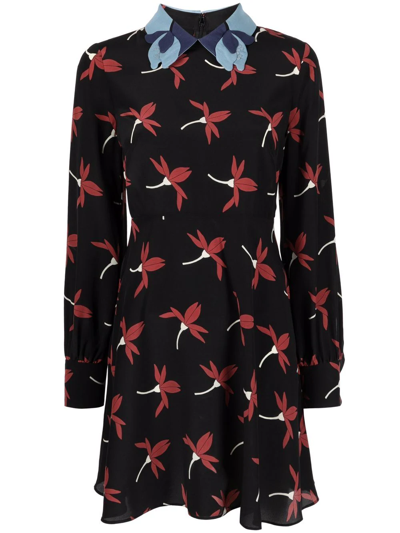 Valentino Appliquéd Floral-print Silk Crepe De Chine Mini Dress In Black