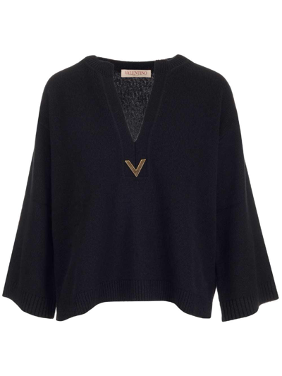 Shop Valentino Vgold Detailed V-neck Knit Jumper In No Nero