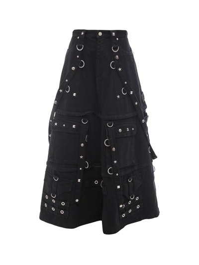 Shop Balenciaga Studded Denim Maxi Skirt In Pitch Black
