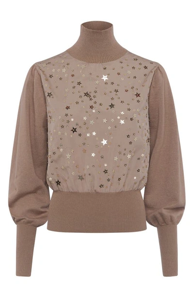 Shop French Connection Macey Beaded Star Turtleneck Sweater In Camel
