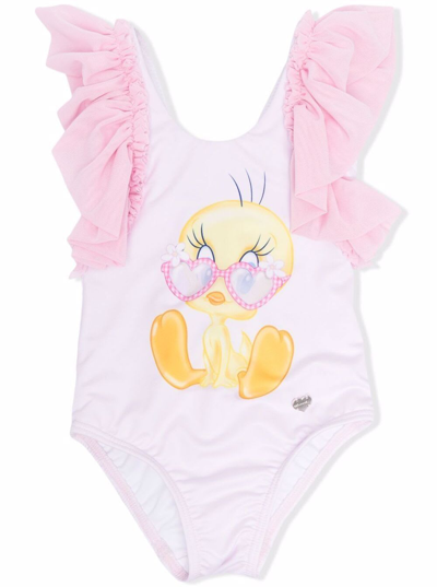 Shop Monnalisa Baby Girl Pink One-piece Swimsuit With Tweety Print