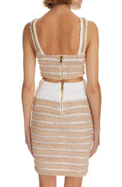 Shop Balmain Metallic Tweed & Chain Crop Top In Giv Blanc Beige Or Giv