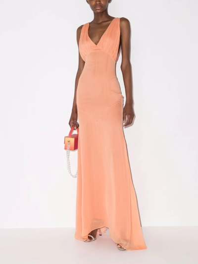 De La Vali Moss Ruched Chiffon Maxi Dress In Orange