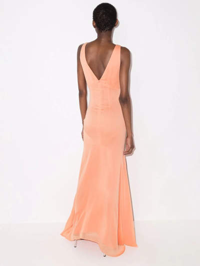 De La Vali Moss Ruched Chiffon Maxi Dress In Orange