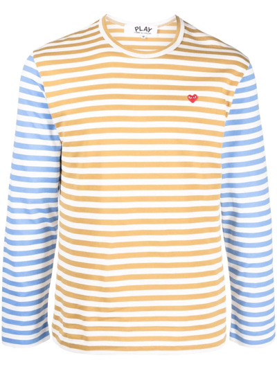 Shop Comme Des Garçons Play Logo-embroidered Stripe-print T-shirt In Blue