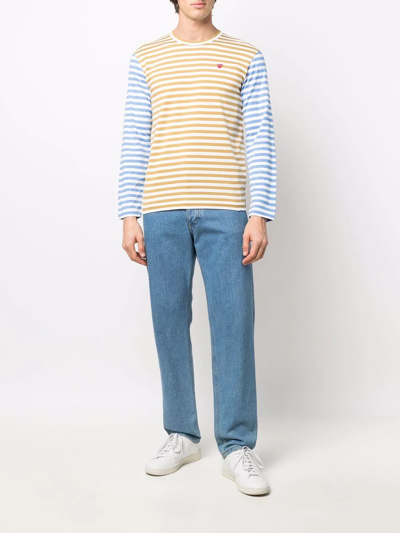 Comme Des Garçons Play Small Heart Stripe Colorblock Long Sleeve T-shirt In Blue