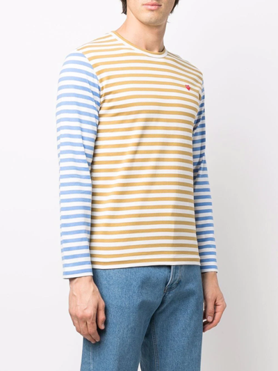 Comme Des Garçons Play Small Heart Stripe Colorblock Long Sleeve T-shirt In Blue