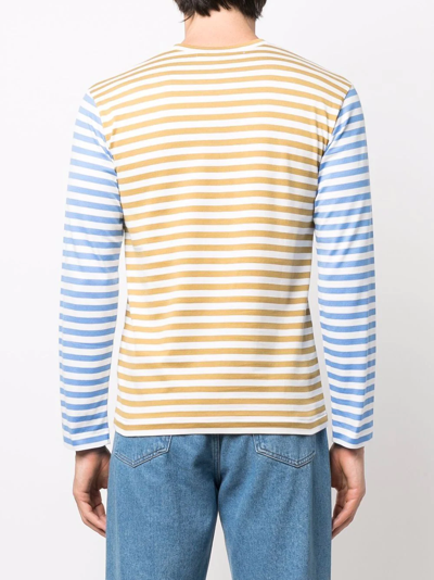 Comme Des Garçons Play Small Heart Stripe Colorblock Long Sleeve T-shirt In Blue