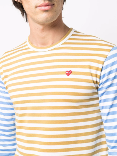 Comme Des Garçons Play Small Heart Stripe Colorblock Long Sleeve T-shirt In Blue