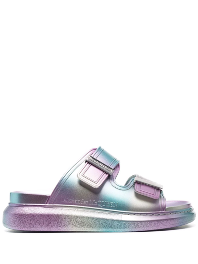 Shop Alexander Mcqueen Hybrid Holographic Buckle Sandals In Grey
