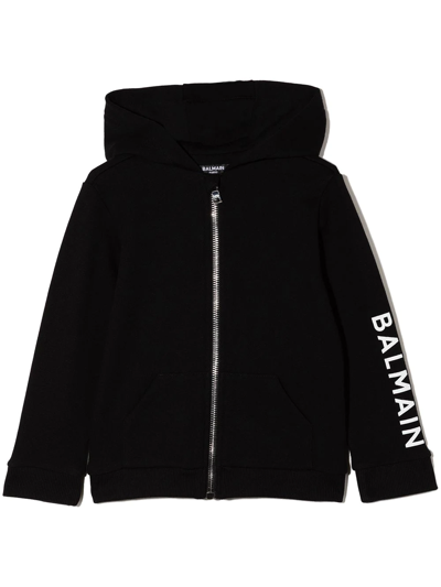 Shop Balmain Logo-sleeve Zip-up Hoodie In Black