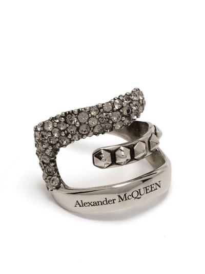 Shop Alexander Mcqueen Woman Ear Cuff With Logo And Crystals In Antic Silver/greige