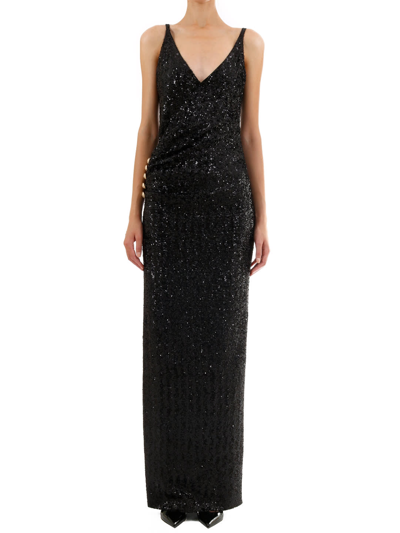 Shop Balmain Sequins Long Dress In Black