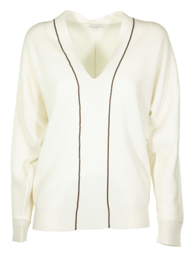 Shop Brunello Cucinelli Ribbed Knit Sweatshirt In White