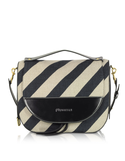 Shop Jw Anderson J.w. Anderson Black And Off White Striped Linen Moon Shoulder Bag In Black/white
