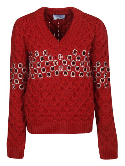 Shop Prada Embellished Sweater In Red