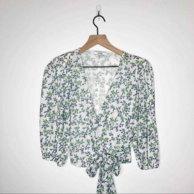 Pre-owned Ganni Tilden Cropped Floral Print Mesh Wrap Top White Green Size  34 Puff Sleeve | ModeSens