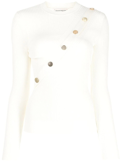 Shop Alexander Mcqueen Button Embellished White Ribbed Top
