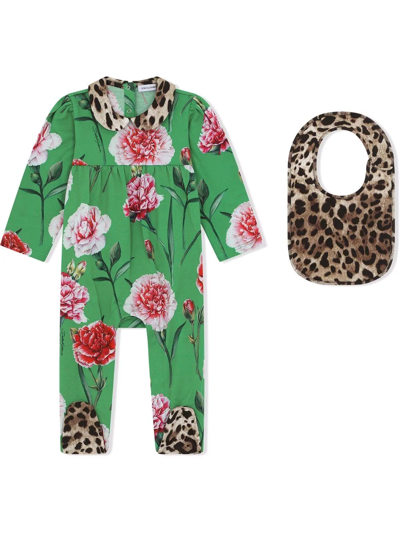 Shop Dolce & Gabbana Floral-print Pajama Bib Gift Set In Green