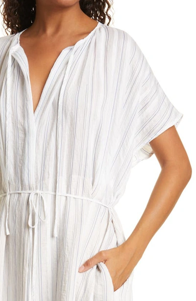 Shop Vince Stripe Shirred Dress In Off White/ Vista Blue