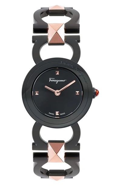 Shop Ferragamo Double Gancini Stud Bracelet Watch, 25mm In Ip Rose Gold/ Ip Black
