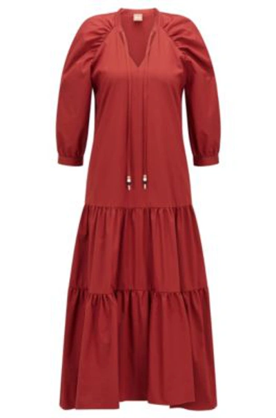 Shop Hugo Boss Longline Cotton-blend Dress With Tiered Skirt In Dark Red