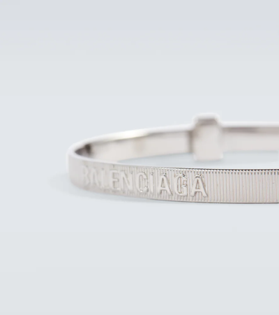 Shop Balenciaga Logo Hoop Bracelet In Shiny Silver