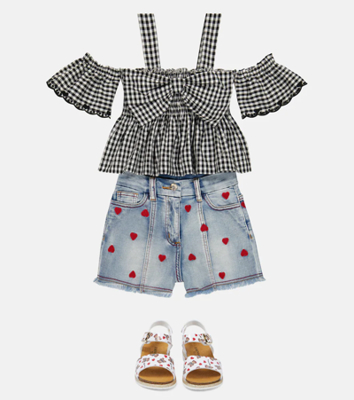 Monnalisa Gingham Cotton Off-shoulder Top In Panna+nero