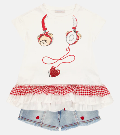 Monnalisa Printed Cotton T-shirt In Panna+rosso