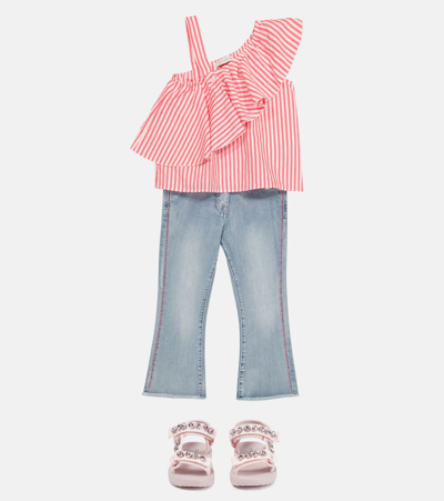 Monnalisa Striped Ruffled Top In Bianco+fuxia
