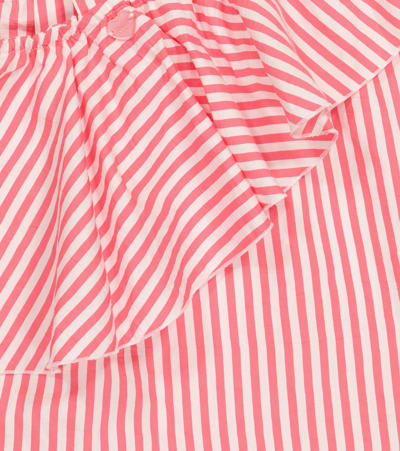 Monnalisa Striped Ruffled Top In Bianco+fuxia