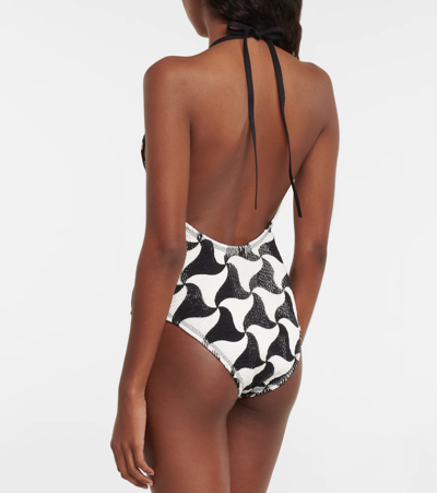 Shop Bottega Veneta Printed Halterneck Swimsuit In Black/white