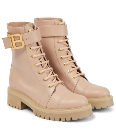 Shop Balmain Ranger Leather Ankle Boots In Beige