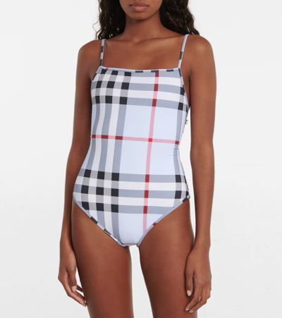 Shop Burberry Checked Swimsuit In Pale Blue Ip Check