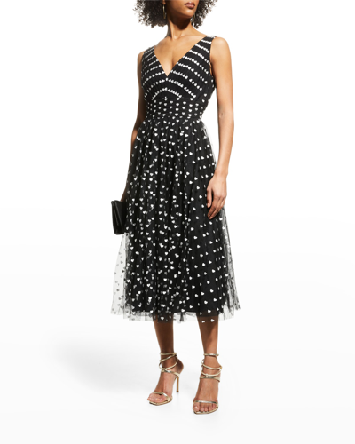 Marchesa Notte Heart-print Pleated Tulle Dress In Black | ModeSens