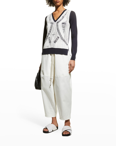 Partow Myla Layered Open-knit Cotton And Merino Wool And Silk-blend Sweater In Navy/ivory Combo