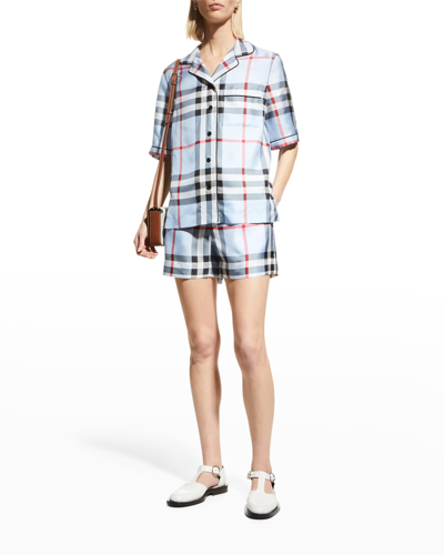 Shop Burberry Tawney Check Mulberry Silk Bermuda Shorts In Pale Blue Ip Chec