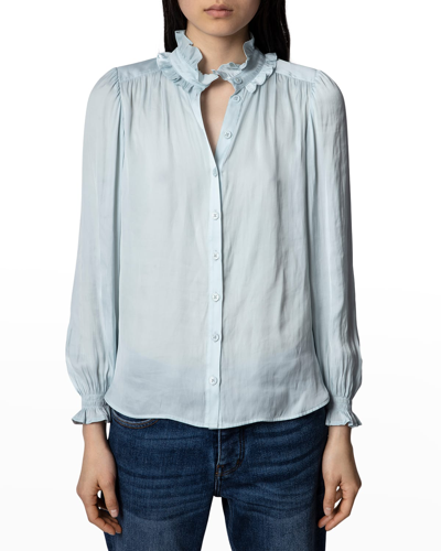 Shop Zadig & Voltaire Tacca Satin Button-front High Neck Blouse In Glacier