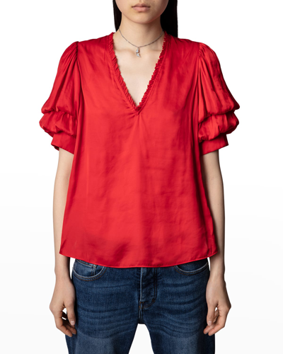 Shop Zadig & Voltaire Taste Layered Puff-sleeve Blouse In Coquelicot