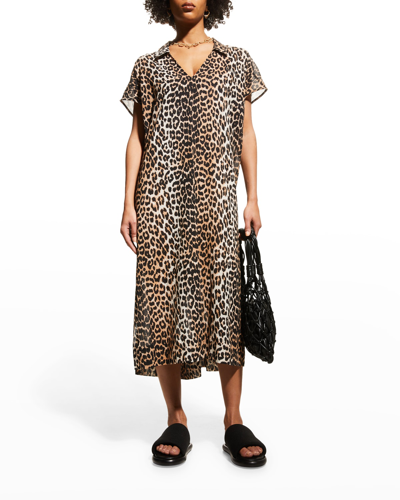Shop Ganni Light Cotton Leopard-print Caftan Dress