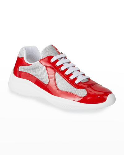 Shop Prada Men's America's Cup Patent Leather Patchwork Sneakers In Red