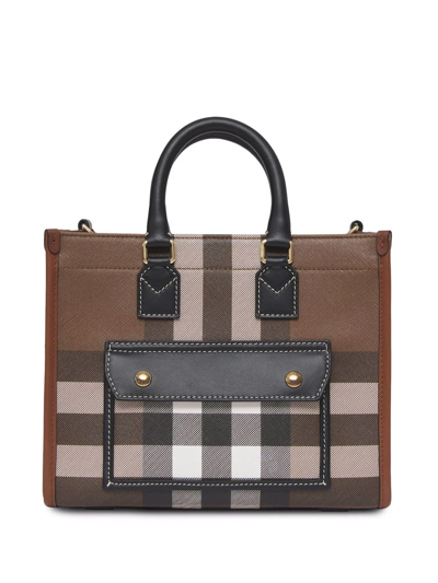 Shop Burberry Mini Freya Check Tote Bag In Brown