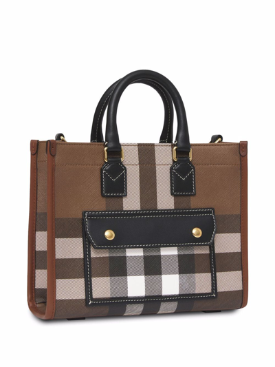 Shop Burberry Mini Freya Check Tote Bag In Brown